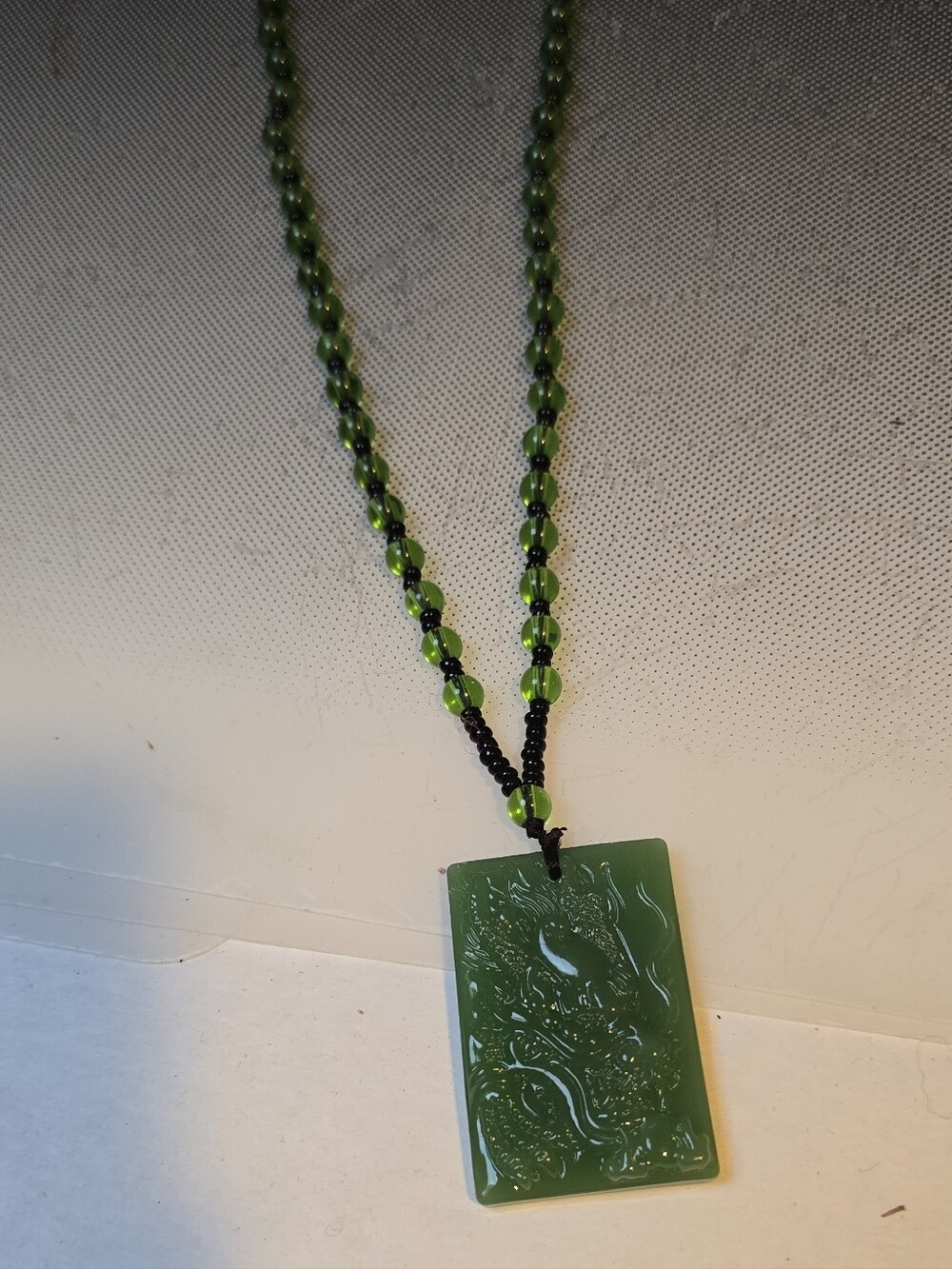 Carved Jade Green Dragon Pendant With Green Glass Beads Necklace 24in
